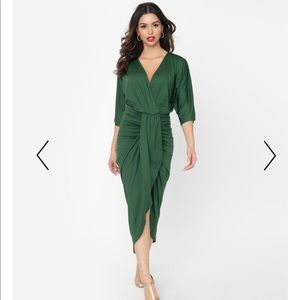 Retro Style Emerald Green Ruched Wrap Front Dress